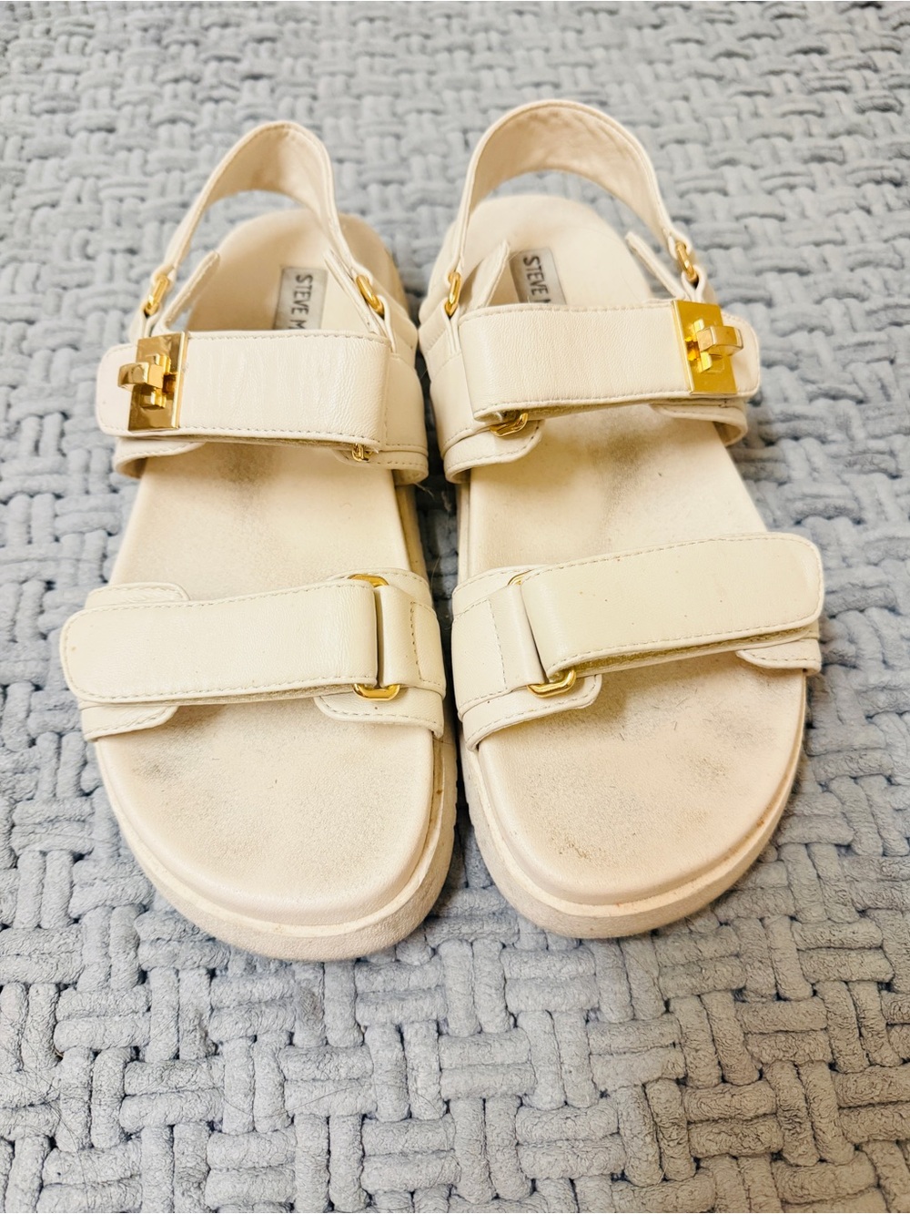 Steve Madden Cream Leather Buckle Slide Sandals with Gold Hardware
